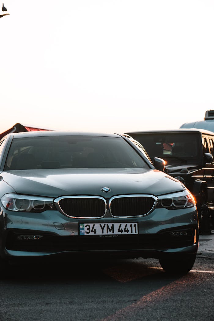 Front view of a BMW 3 Series during sunset in Istanbul, Türkiye